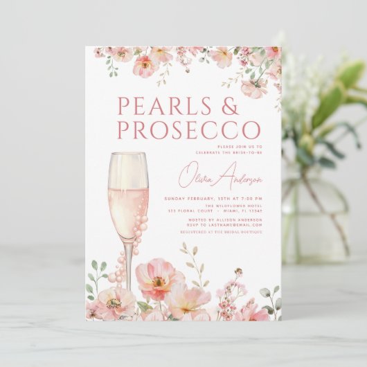 QR Code Perlen & Prosecco Blush Brautparty Einladung (Stehend Vorderseite)