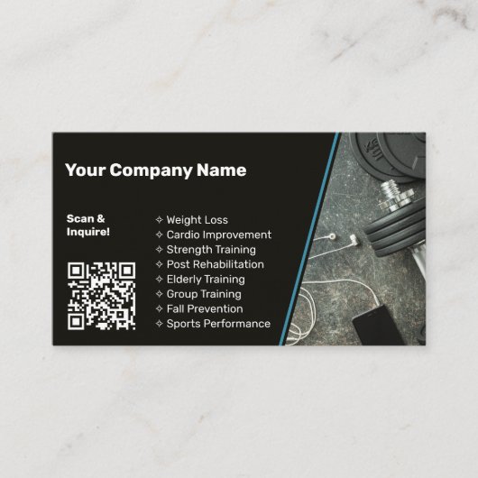 QR Code Personal Trainer Black & Blue Visitenkarte (Vorderseite)