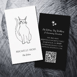 QR-Code Pet Sitter Niedlich Winking Cat Schwarz-we Visitenkarte