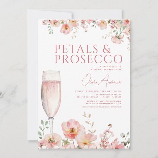 QR Code Petals & Prosecco Blush Brautparty Einladung (Vorderseite)