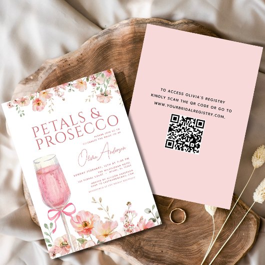 QR Code Petals & Prosecco Blush Brautparty Einladung