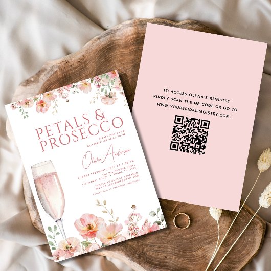 QR Code Petals & Prosecco Blush Brautparty Einladung