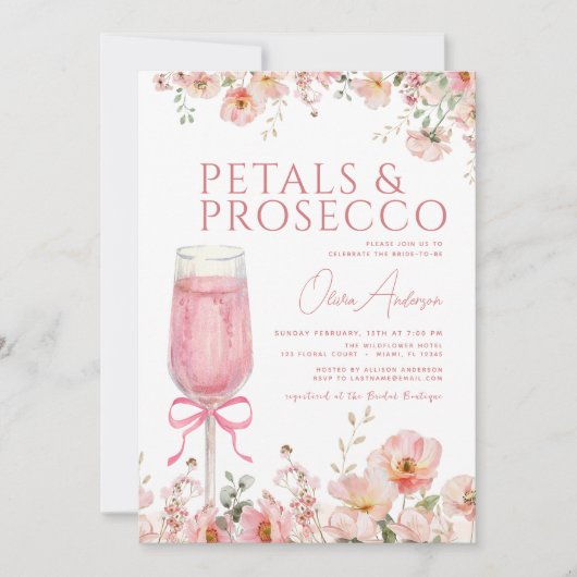 QR Code Petals & Prosecco Pink Bow Brautparty Einladung (Vorderseite)