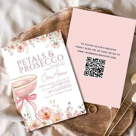 QR Code Petals & Prosecco Pink Bow Brautparty Einladung