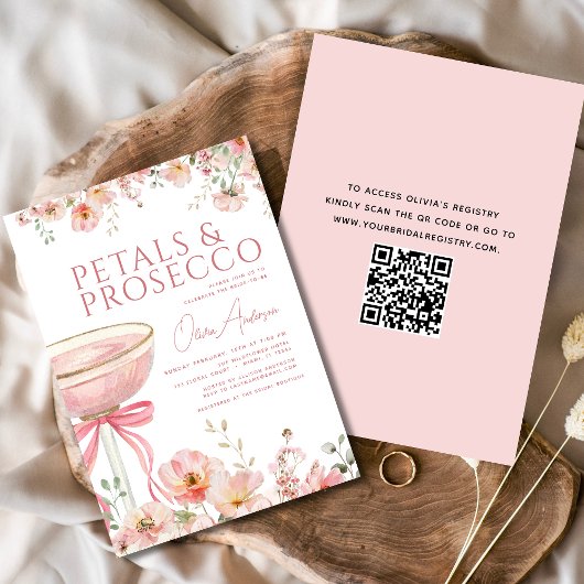 QR Code Petals & Prosecco Pink Bow Brautparty Einladung