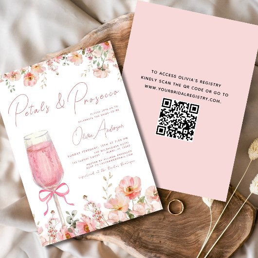 QR Code Petals & Prosecco Pink Bow Brautparty Einladung
