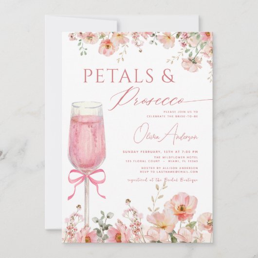 QR Code Petals & Prosecco Pink Bow Brautparty Einladung (Vorderseite)