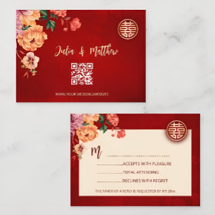 QR-Code Pfingstrose Rot RSVP Chinesische Hochzeit Karte
