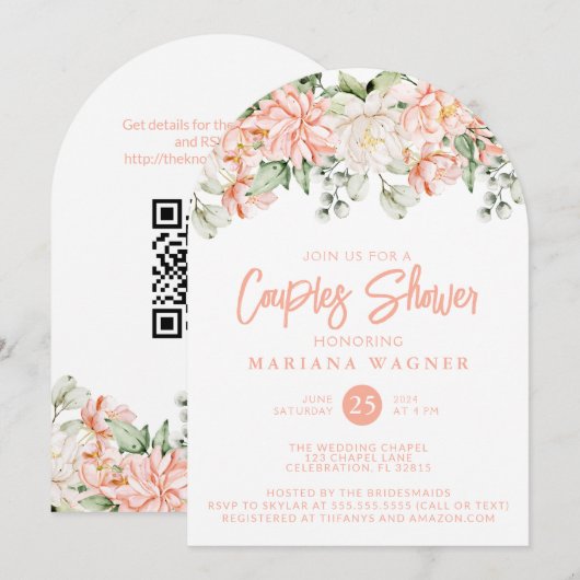 QR-Code Pfirsich-Blumen-Paar-Shower Einladung (Vorne/Hinten)