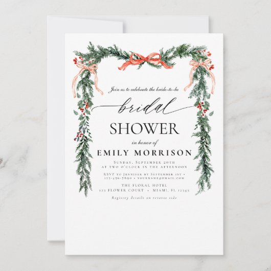 QR Code Pine Bow Christmas Bridal Shower Einladung (Vorderseite)