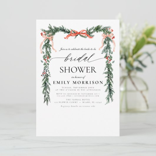 QR Code Pine Bow Christmas Bridal Shower Einladung (Stehend Vorderseite)