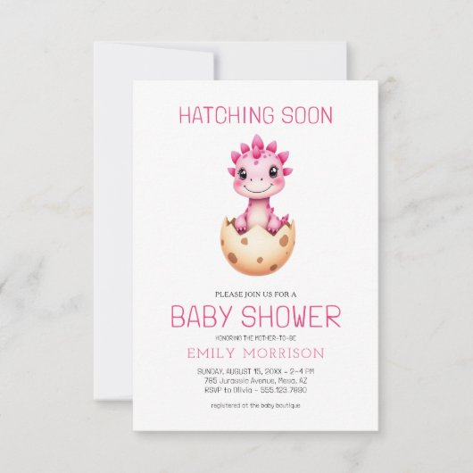 QR Code Pink Dinosaur Hatching Soon Baby Shower Einladung (Vorderseite)