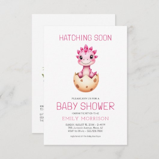 QR Code Pink Dinosaur Hatching Soon Baby Shower Einladung (Vorne/Hinten)
