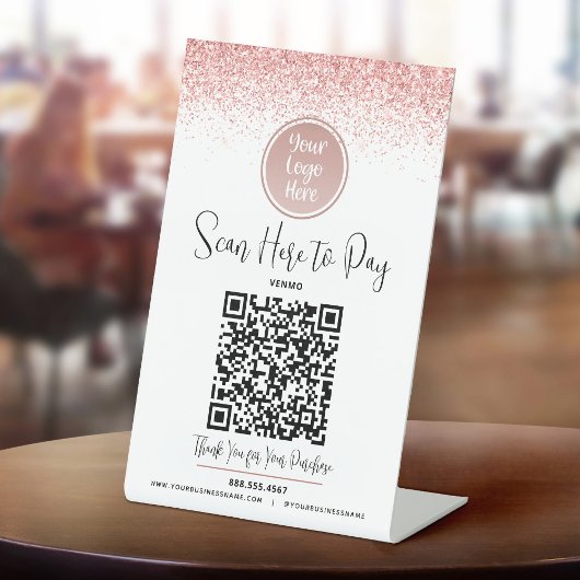 QR-Code Pink Glitzer Custom Logo Pay Hier Weiß Sockelschild