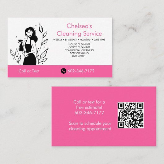 QR-Code Pink House Cleaning Service Unternehmen Visitenkarte (Vorne/Hinten)