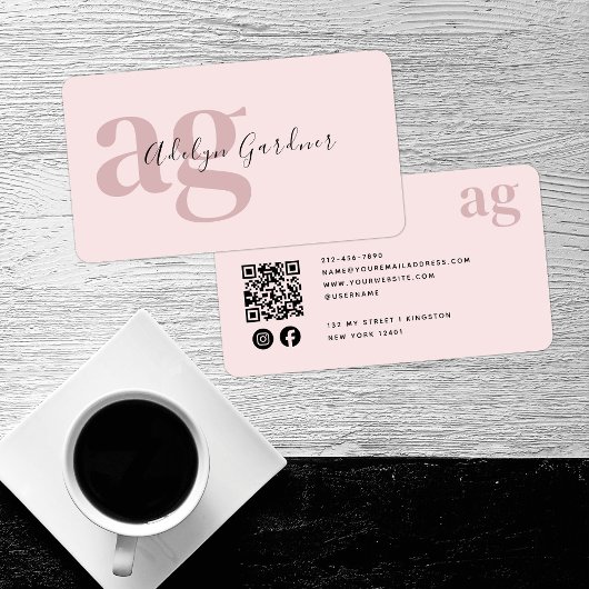 QR-Code Pink Monogram Script Social Media Visitenkarte