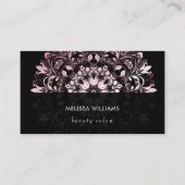 QR Code | Pink Shiny Black Floral Mandala Visitenkarte (Vorderseite)