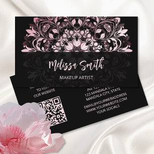 QR-Code   Pink Shiny Black Floral Mandala Visitenkarte