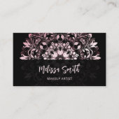 QR-Code | Pink Shiny Black Floral Mandala Visitenkarte (Vorderseite)