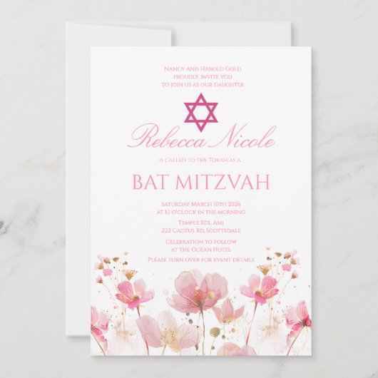 QR Code Pink Watercolor Floral Bat Mitzvah  Einladung (Vorderseite)