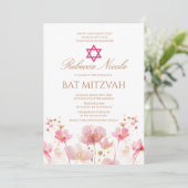 QR Code Pink Watercolor Floral Bat Mitzvah  Einladung (Stehend Vorderseite)