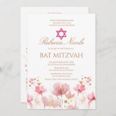QR Code Pink Watercolor Floral Bat Mitzvah  Einladung (Vorne/Hinten)