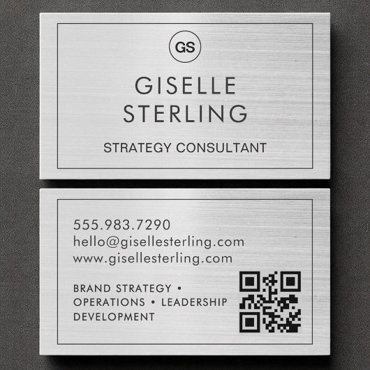 QR Code Pinsel Silver Monogram Modern Visitenkarte