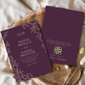 QR Code Plum Lila & Gold Minimal Leaf Wedding Einladung