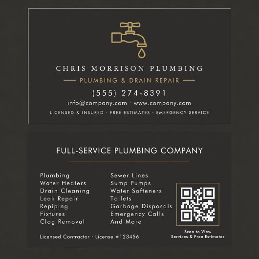 QR Code Plumbing Service Black & Gold Visitenkarte