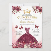 QR Code Quinceanera Bloral Burgundy Princess Einladung (Vorderseite)