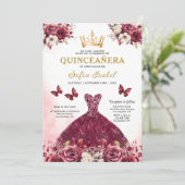 QR Code Quinceanera Bloral Burgundy Princess Einladung (Stehend Vorderseite)