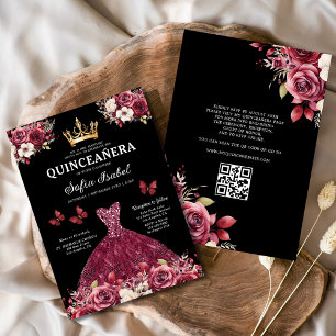 QR Code Quinceanera Bloral Burgundy Princess Einladung