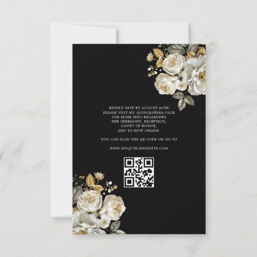 QR Code Quinceanera Bloral Gold Princess Einladung (Rückseite)