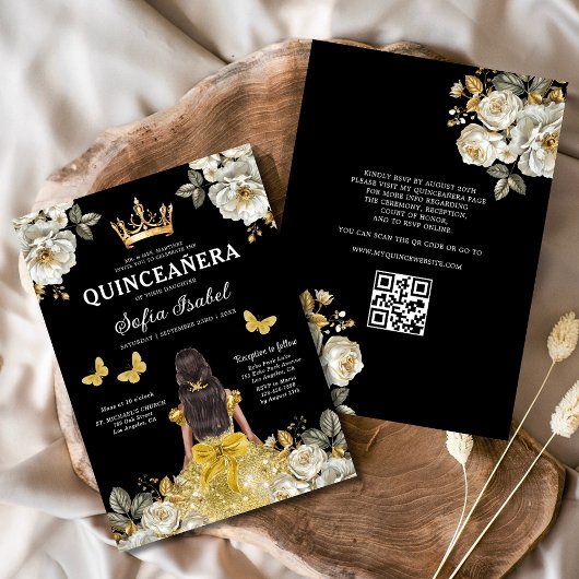 QR Code Quinceanera Bloral Gold Princess Einladung