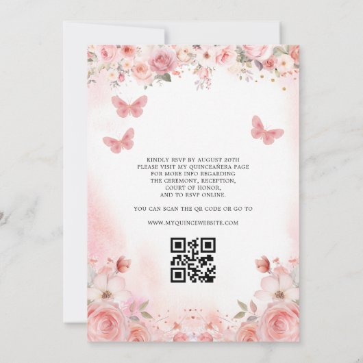 QR-Code Quinceañera Blush Pink Rosa Blume Einladung (Rückseite)