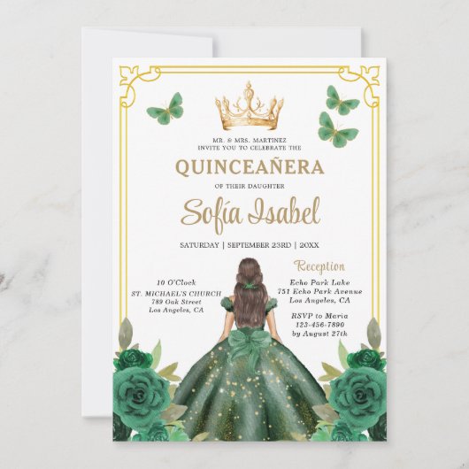 QR Code Quinceanera Floral Emerald Green Gold Einladung (Vorderseite)