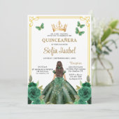 QR Code Quinceanera Floral Emerald Green Gold Einladung (Stehend Vorderseite)