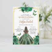 QR Code Quinceanera Floral Emerald Green Gold Einladung (Stehend Vorderseite)