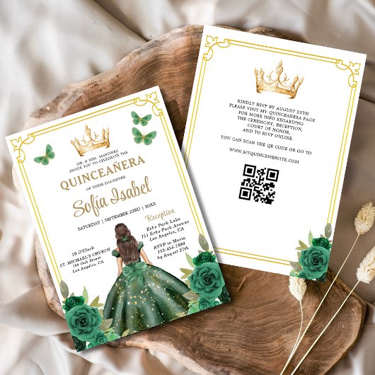 QR Code Quinceanera Floral Emerald Green Gold Einladung
