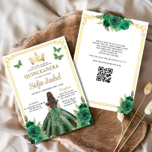 QR Code Quinceanera Floral Emerald Green Gold Einladung