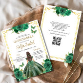 QR Code Quinceanera Floral Emerald Green Gold Einladung