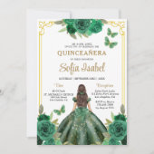 QR Code Quinceanera Floral Emerald Green Gold Einladung (Vorderseite)