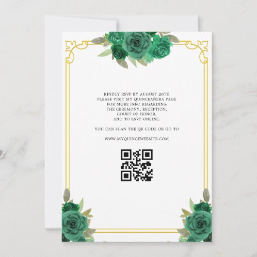 QR Code Quinceanera Floral Emerald Green Gold Einladung (Rückseite)
