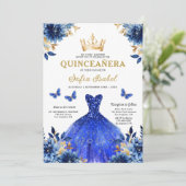 QR Code Quinceanera Floral Royal Blue Princess Einladung (Stehend Vorderseite)