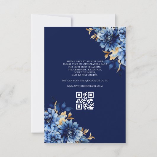 QR Code Quinceanera Floral Royal Blue Princess Einladung (Rückseite)