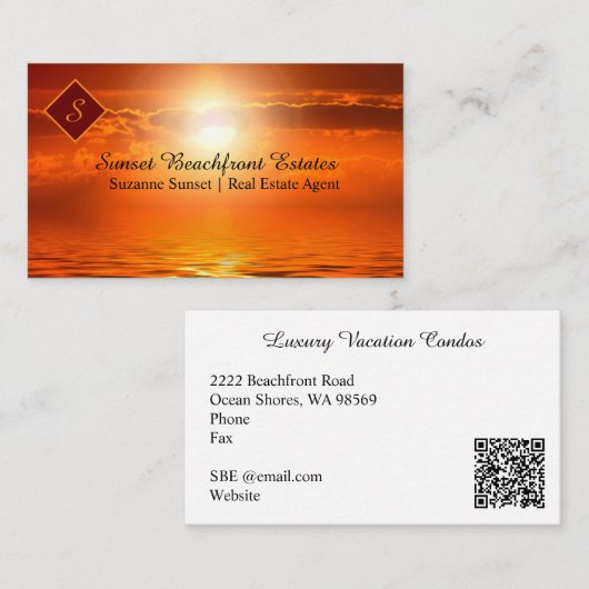 QR-Code Real Anwesen Monogram Orange Sunset Visitenkarte (Vorne/Hinten)