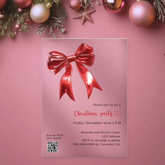 QR-Code Red bow Clear Party Acryleinladungen