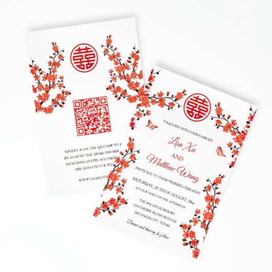 QR-Code | Red Cherry Blossom | Chinesische Hochzei Einladung