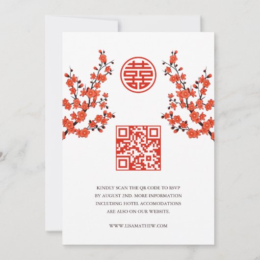QR-Code | Red Cherry Blossom | Chinesische Hochzei Einladung (Rückseite)