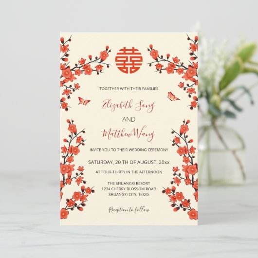 QR Code Red Cherry Blossom | Chinesische Hochzeit Einladung (Stehend Vorderseite)